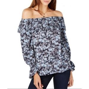 MICHAEL KORS Off The Shoulder Ruffle Fern Blouse Ditsy Floral Blue Large New